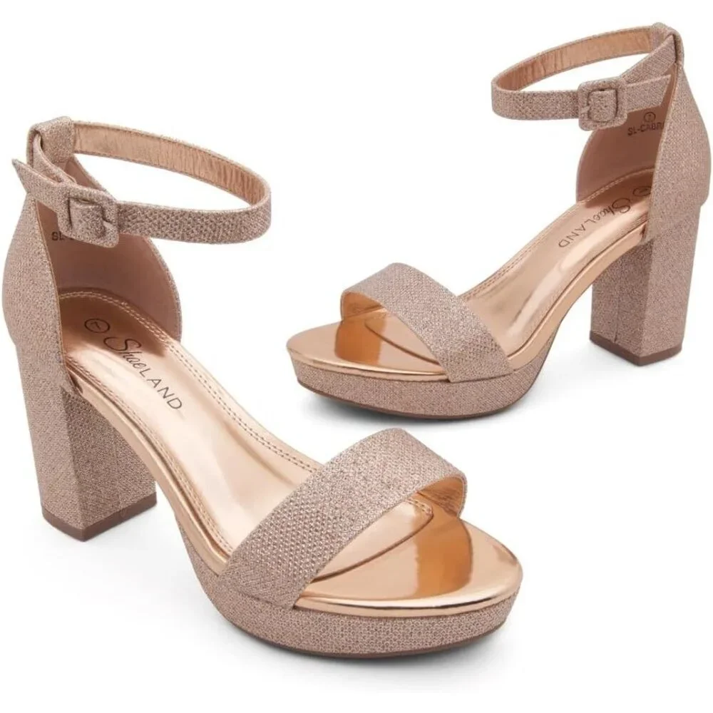 Women's Gold Chunky Block Ankle Strap Stylish Comfortable Open Toe Strappy Heel
